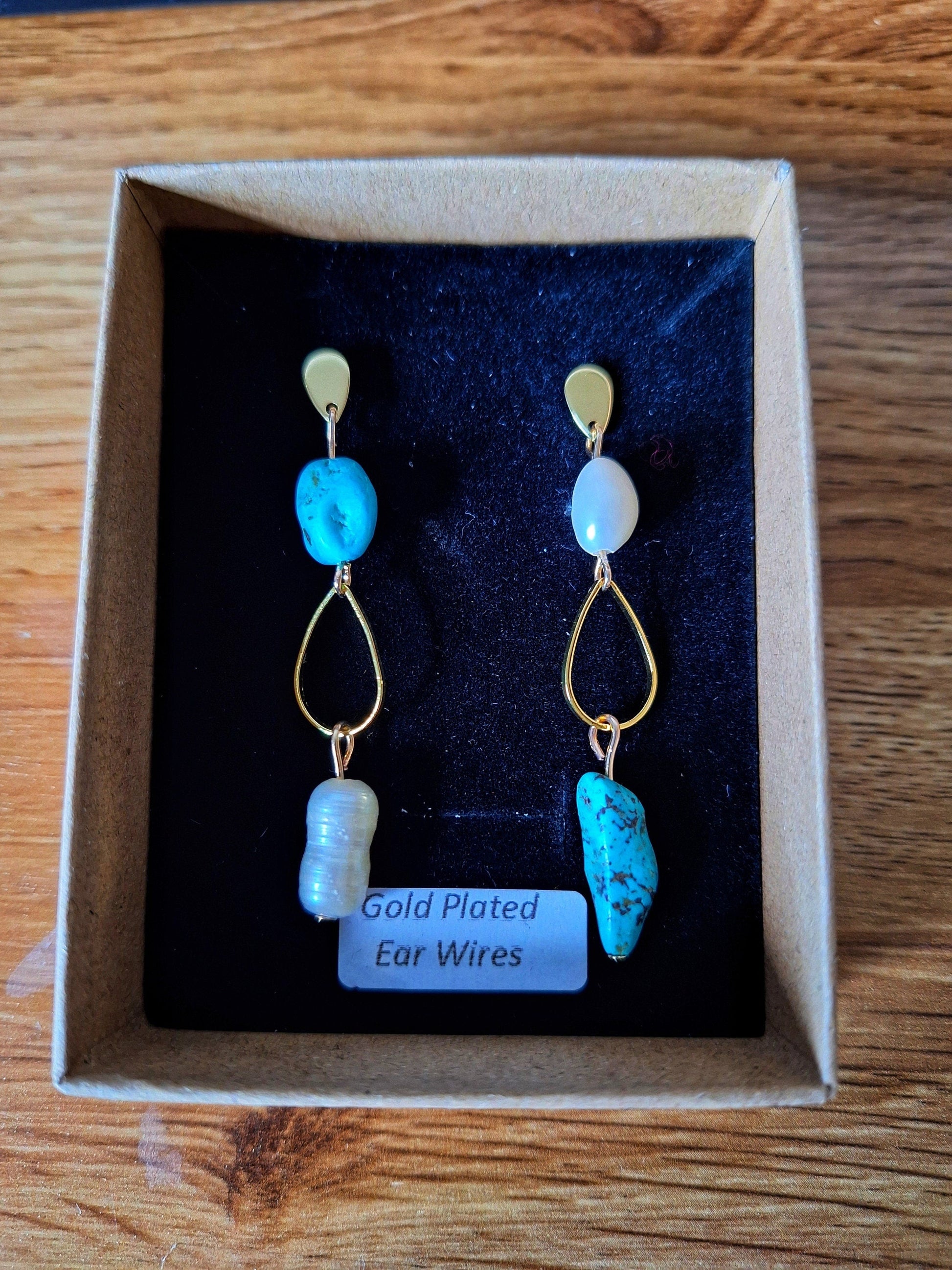 Lulu Pearl and Turquoise Drop Earrings with gold-plated studs, featuring freshwater pearls and turquoise nuggets.