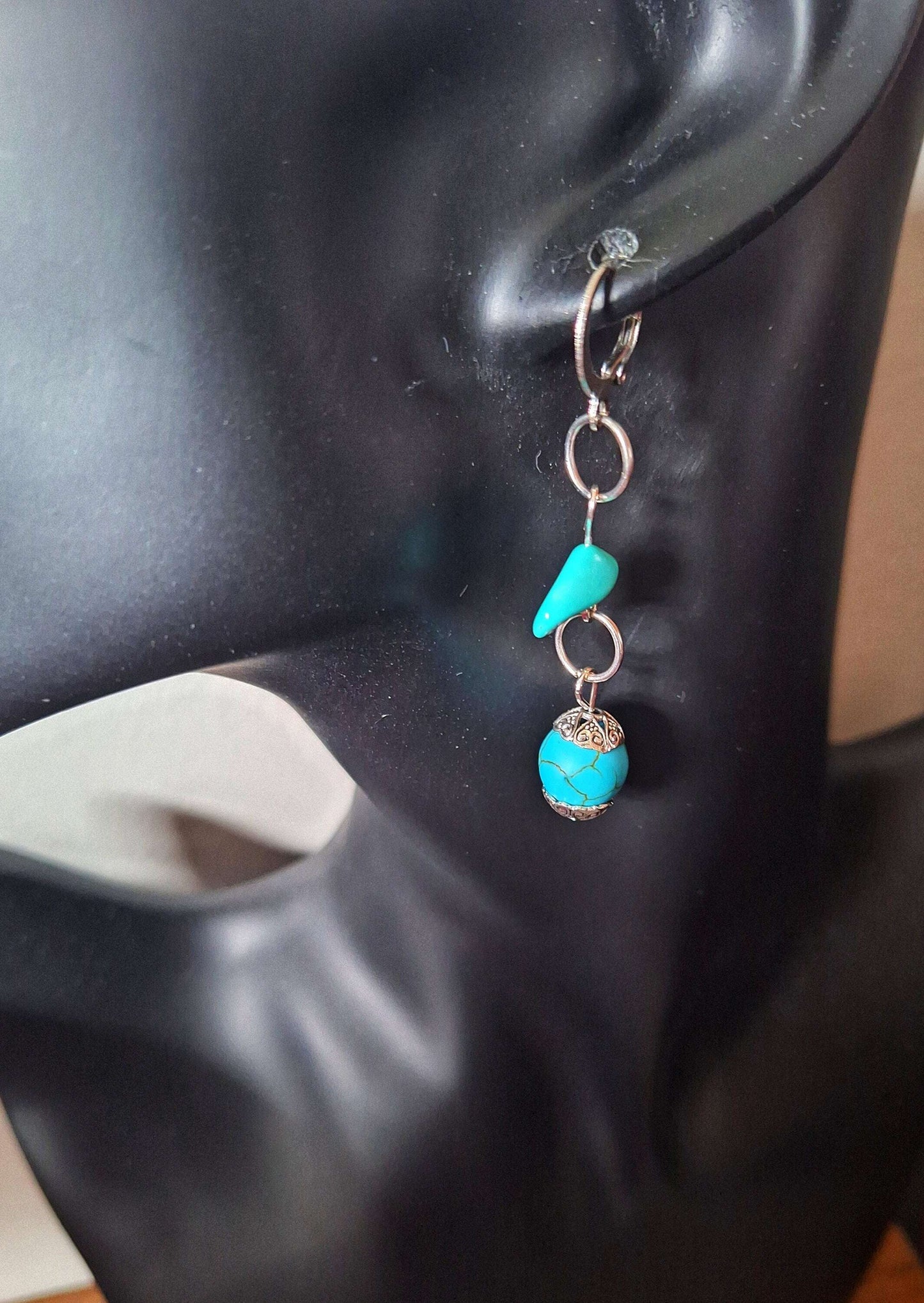 Francesca Turquoise Earrings with genuine turquoise chips and stone beads, silver-plated accents, on stainless steel hoops.
