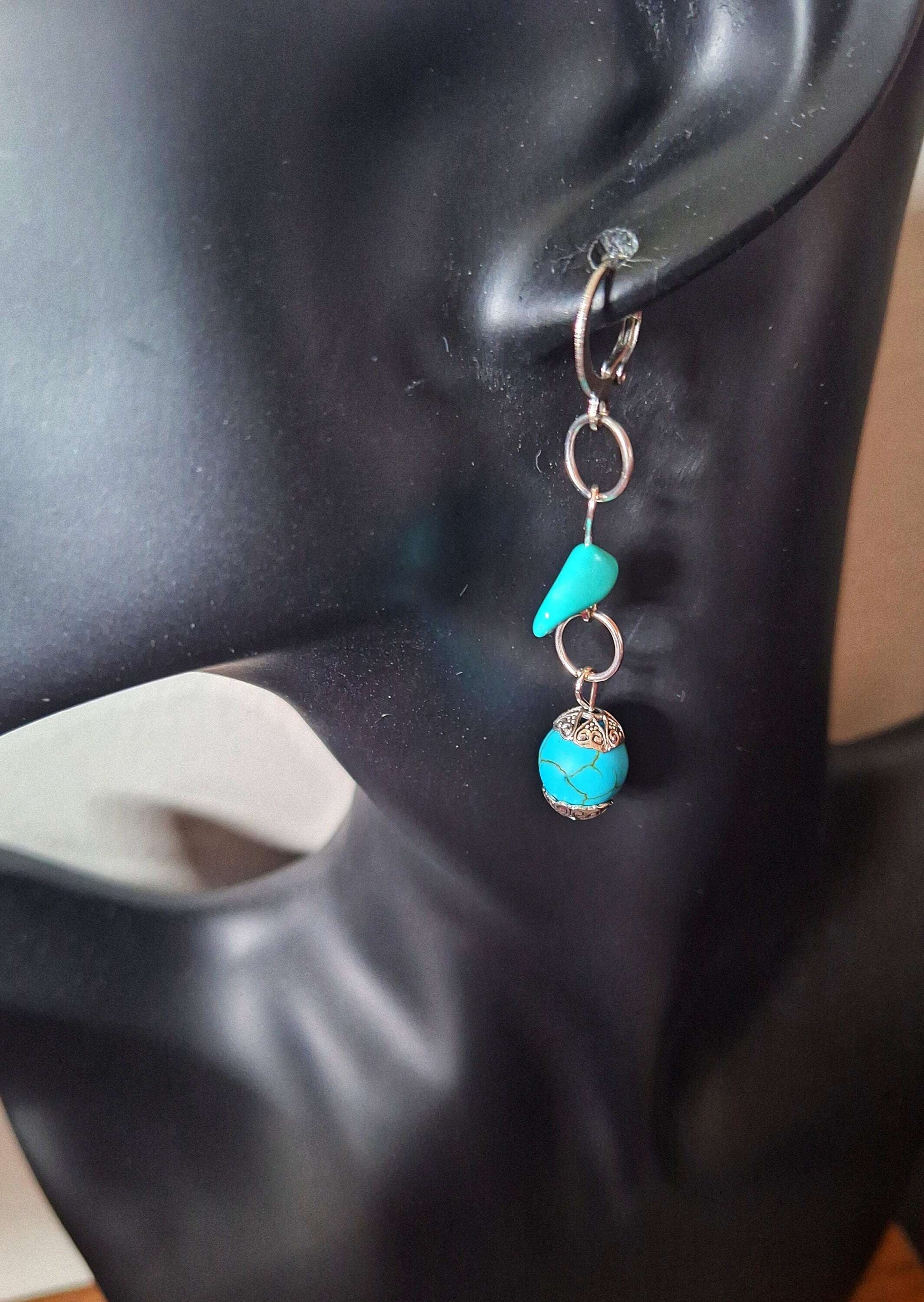 Francesca Turquoise Earrings with genuine turquoise chips and stone beads, silver-plated accents, on stainless steel hoops.