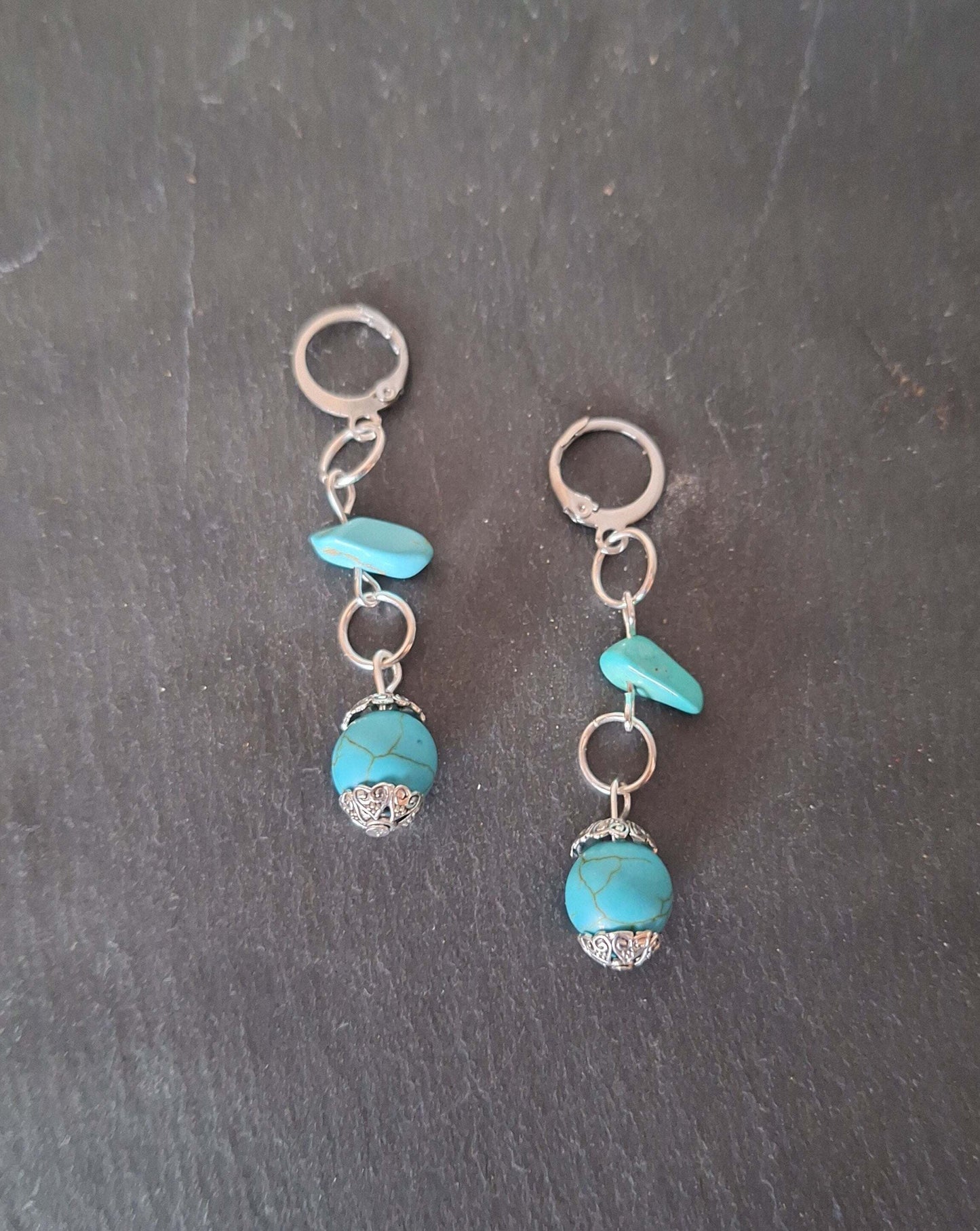 Francesca Turquoise Earrings with turquoise chips and stone beads on silver-plated findings.