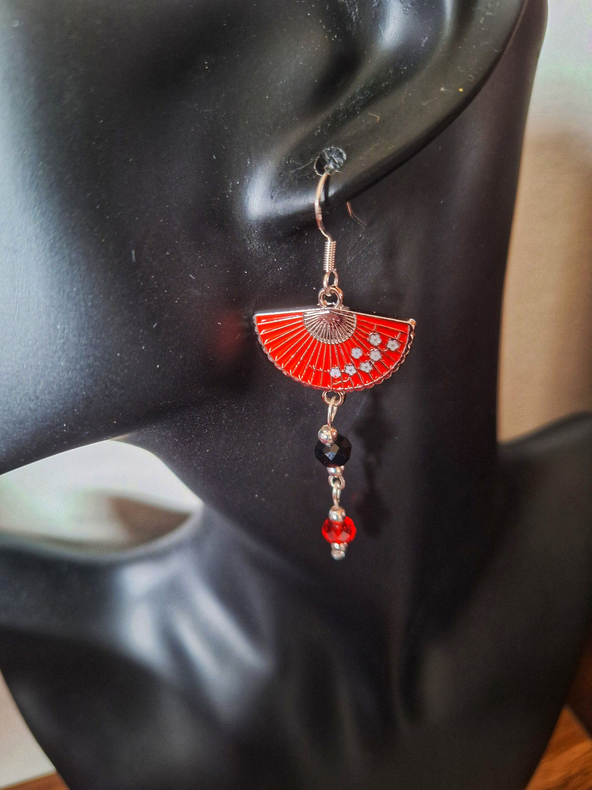 Fumika Fan Earrings with repurposed glass beads and fan charms in red, featuring gold-plated findings.