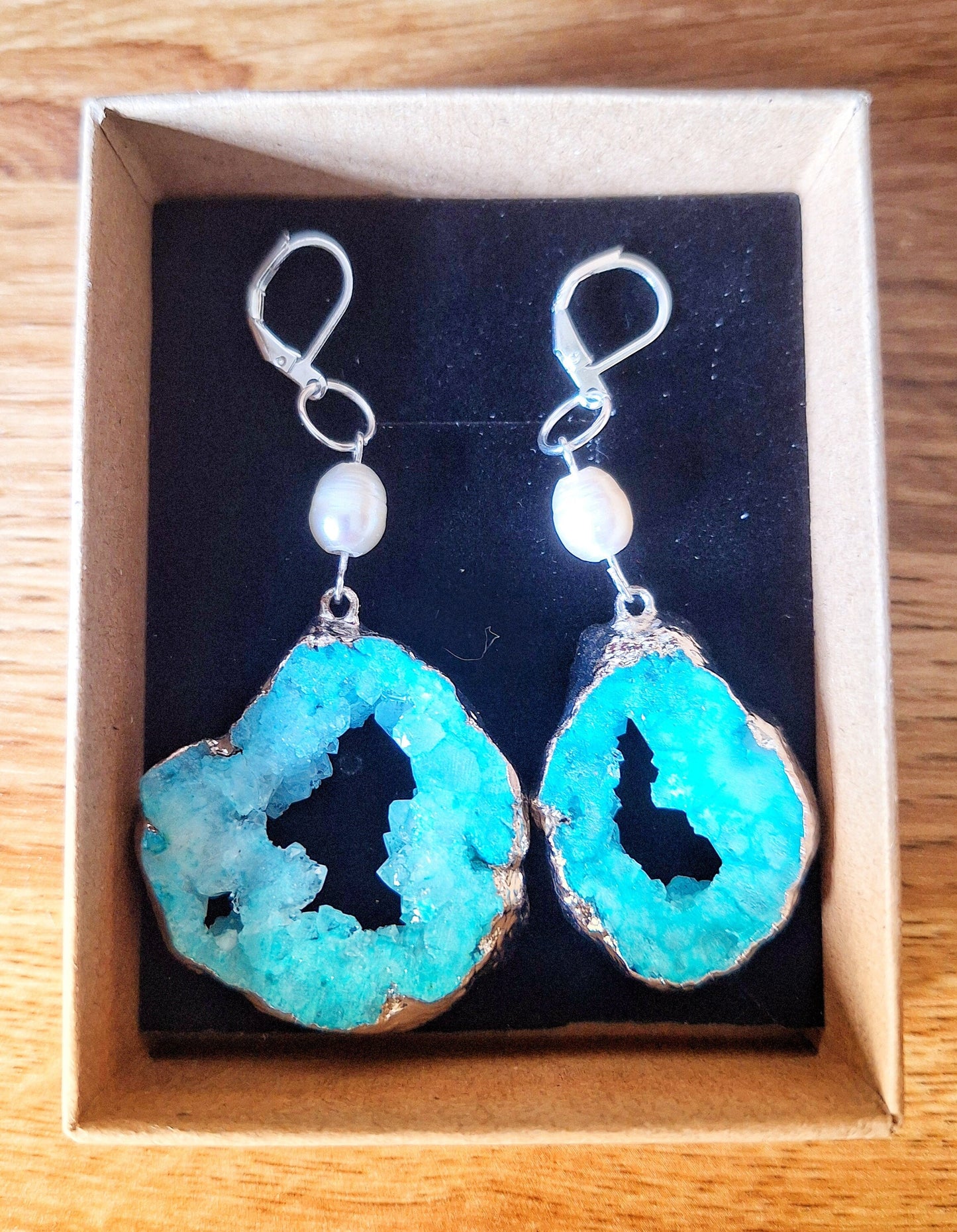 Pandora Green Quartz and Pearl Earrings with silver-plated green quartz, repurposed freshwater pearls, boxed.