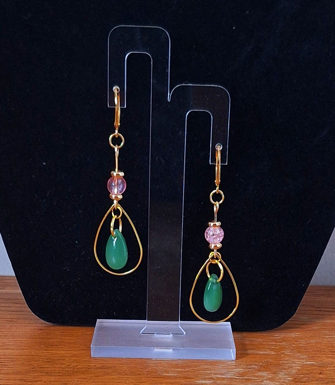 Peony Teardrop Earrings with green and pink glass beads on gold-plated lever back wires.