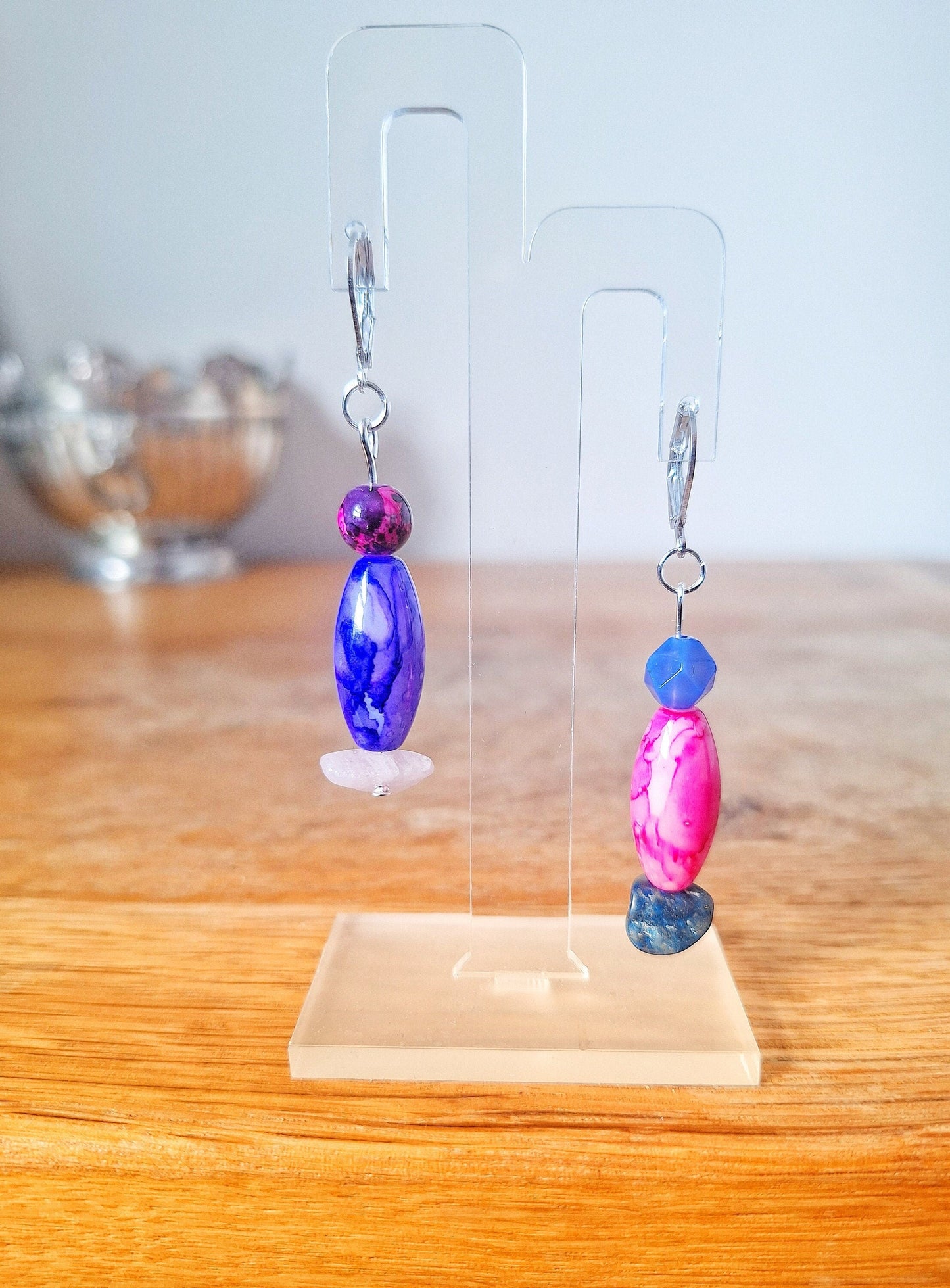 Freya Mismatched Earrings with repurposed glass, pink quartz, lapis lazuli, and tourmaline.