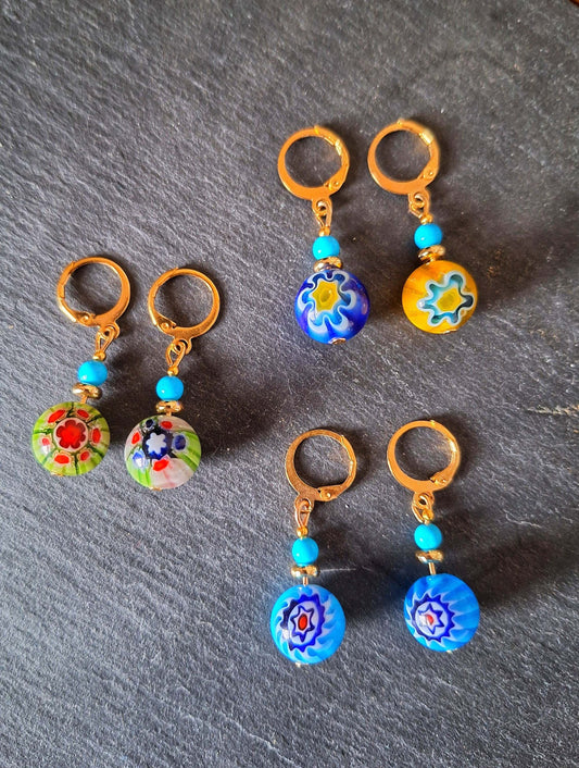 Millefiori Glass Bead Huggies with colorful designs and gold-plated huggies.