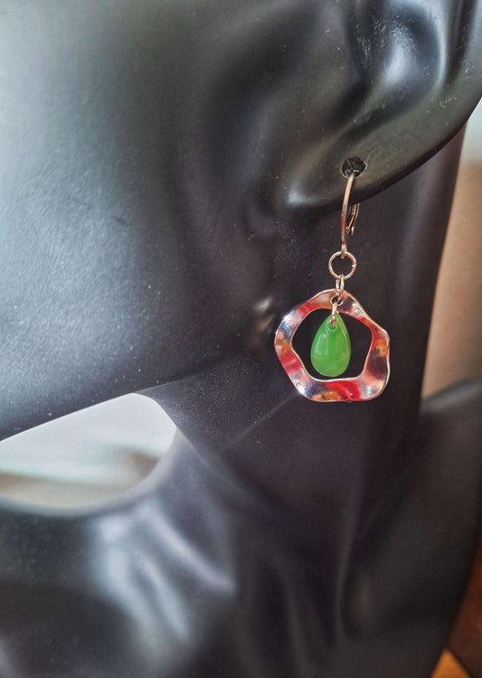 Jade Green Earrings with teardrop green glass beads on stainless steel huggie hoops, adding sophisticated elegance.