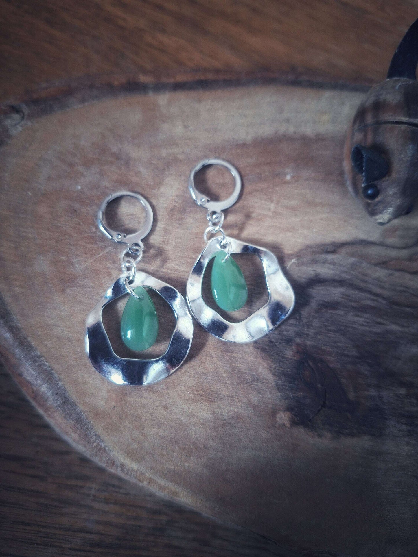 Jade Green Earrings with teardrop beads on stainless steel hoops.