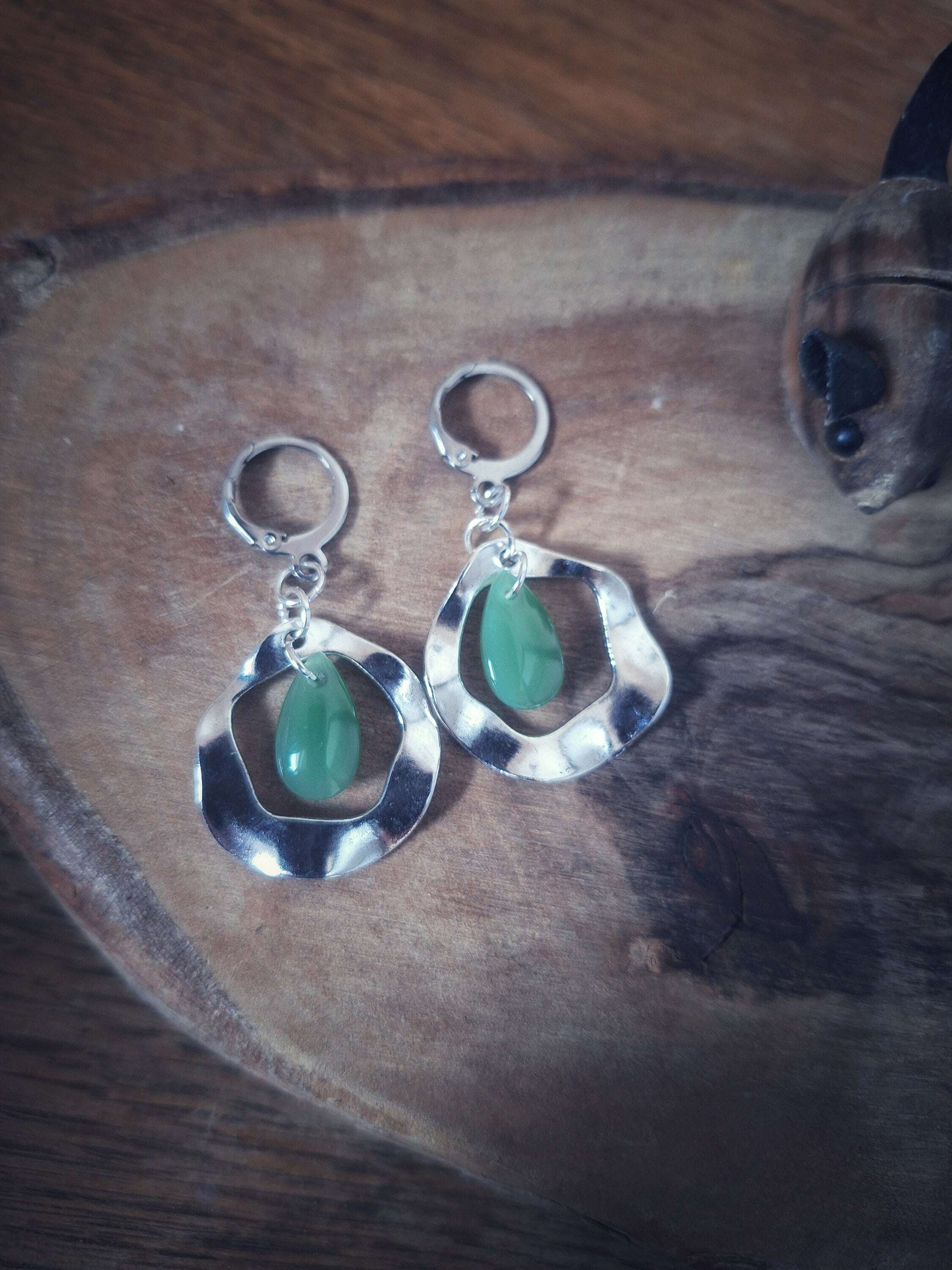 Jade Green Earrings with teardrop beads on stainless steel hoops.