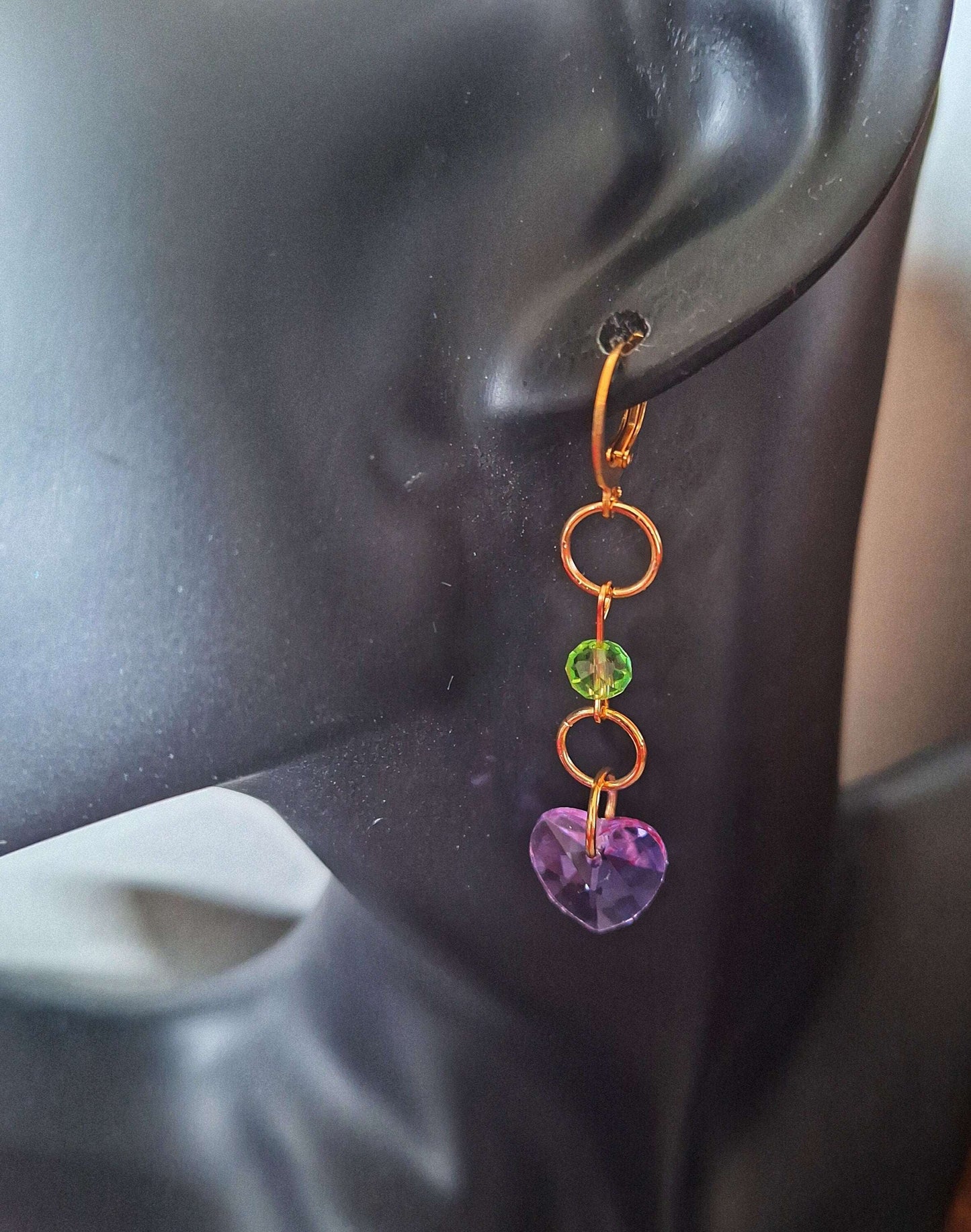 Evelyn Purple Heart Earrings with faceted glass beads and gold-plated hoops.
