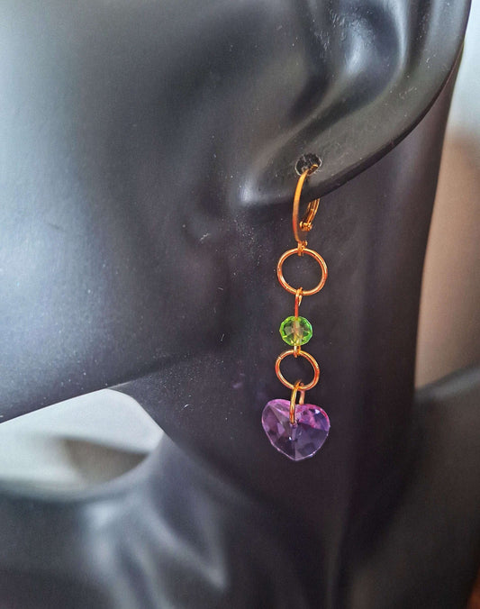 Evelyn Purple Heart Earrings with faceted glass beads and gold-plated hoops.