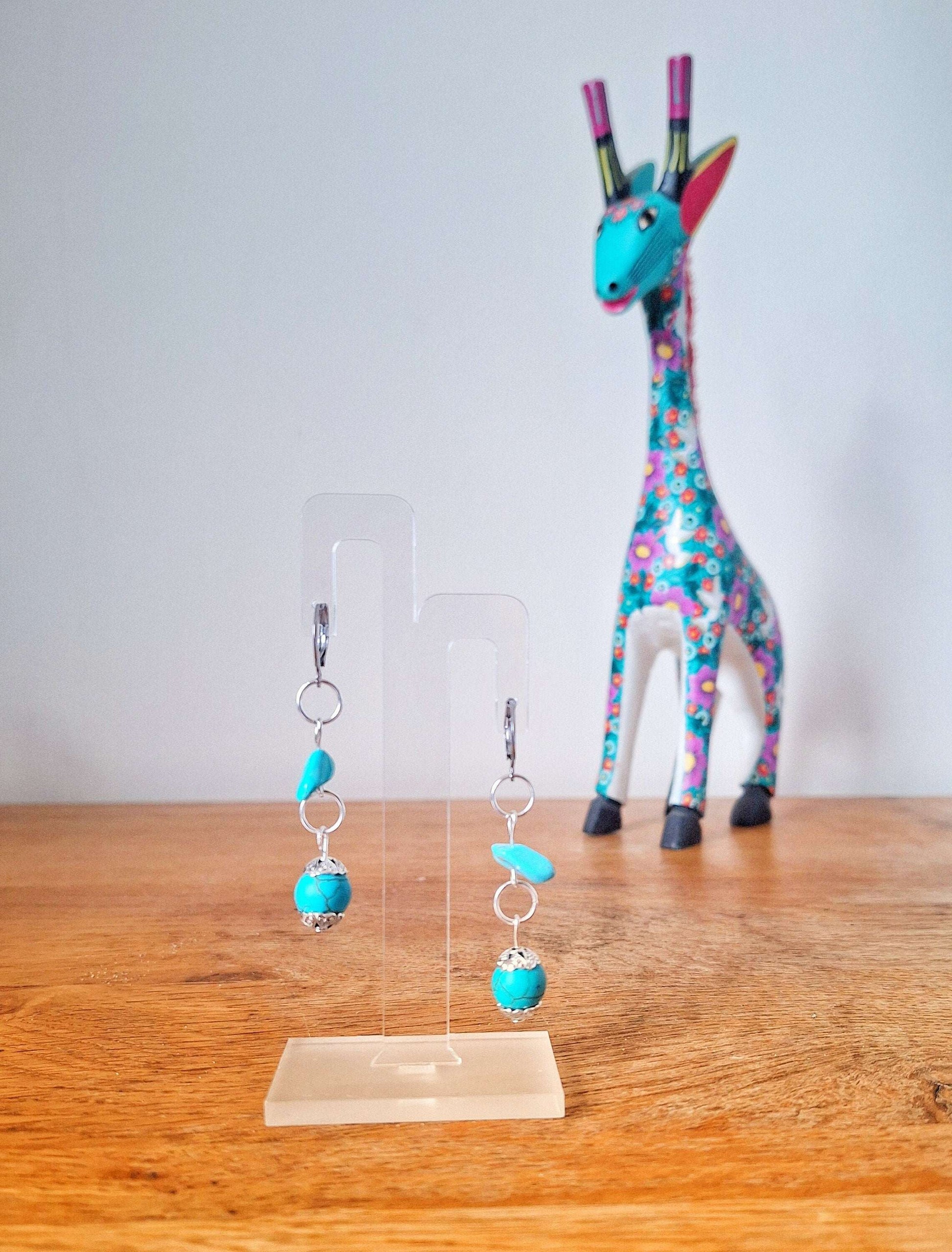 Francesca Turquoise Earrings with genuine turquoise chips and stone beads on stainless steel hoops.