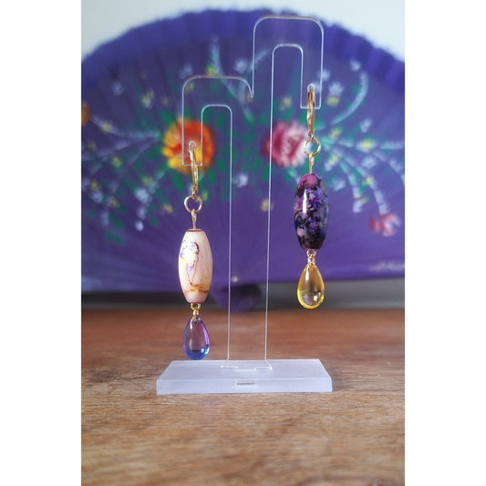 Lily Mismatched Earrings crafted from purple and yellow repurposed glass beads on a display.
