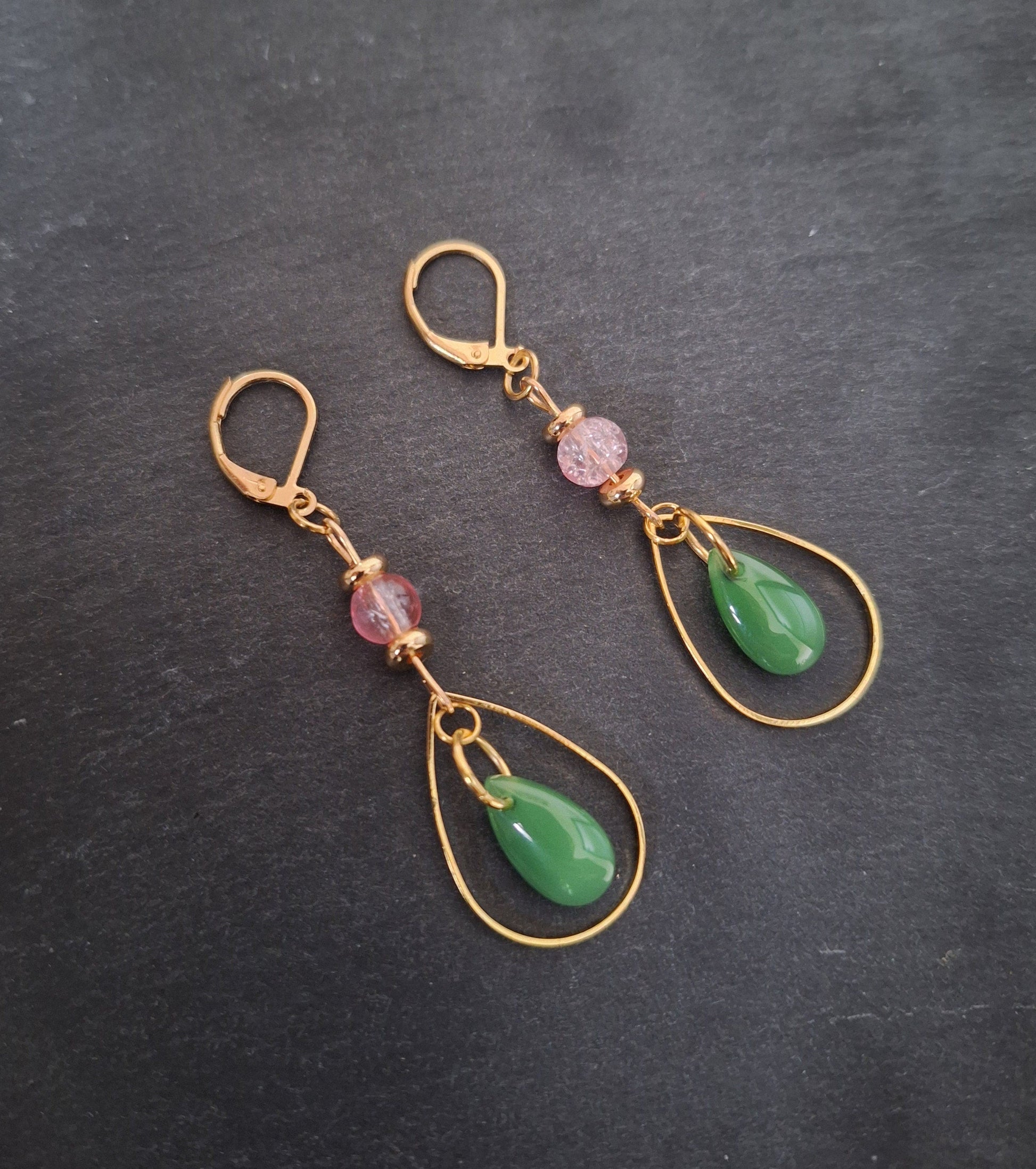 Peony Teardrop Earrings with green and pink glass beads on gold-plated lever back wires.