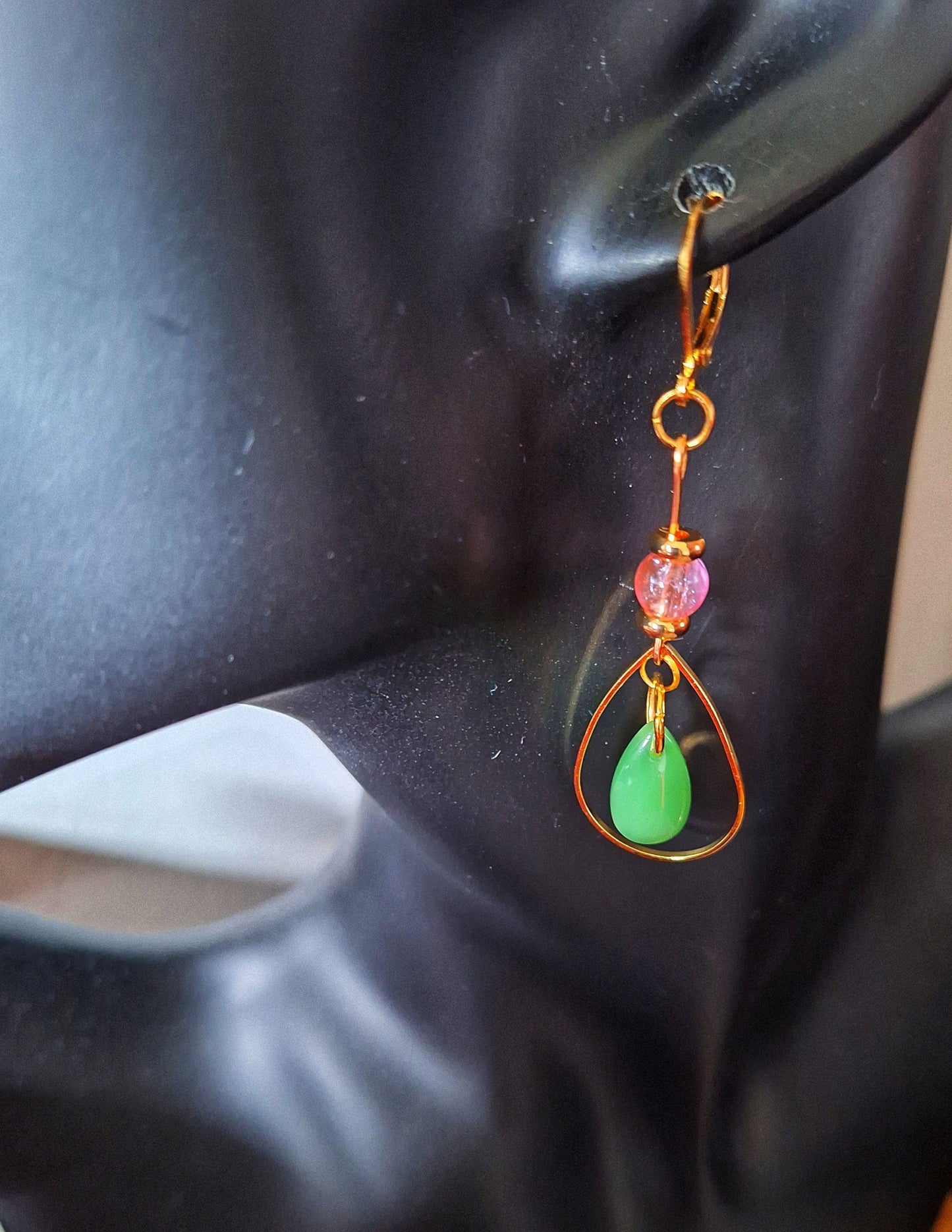 Peony Teardrop Earrings with green and pink glass beads, gold-plated ear wires.