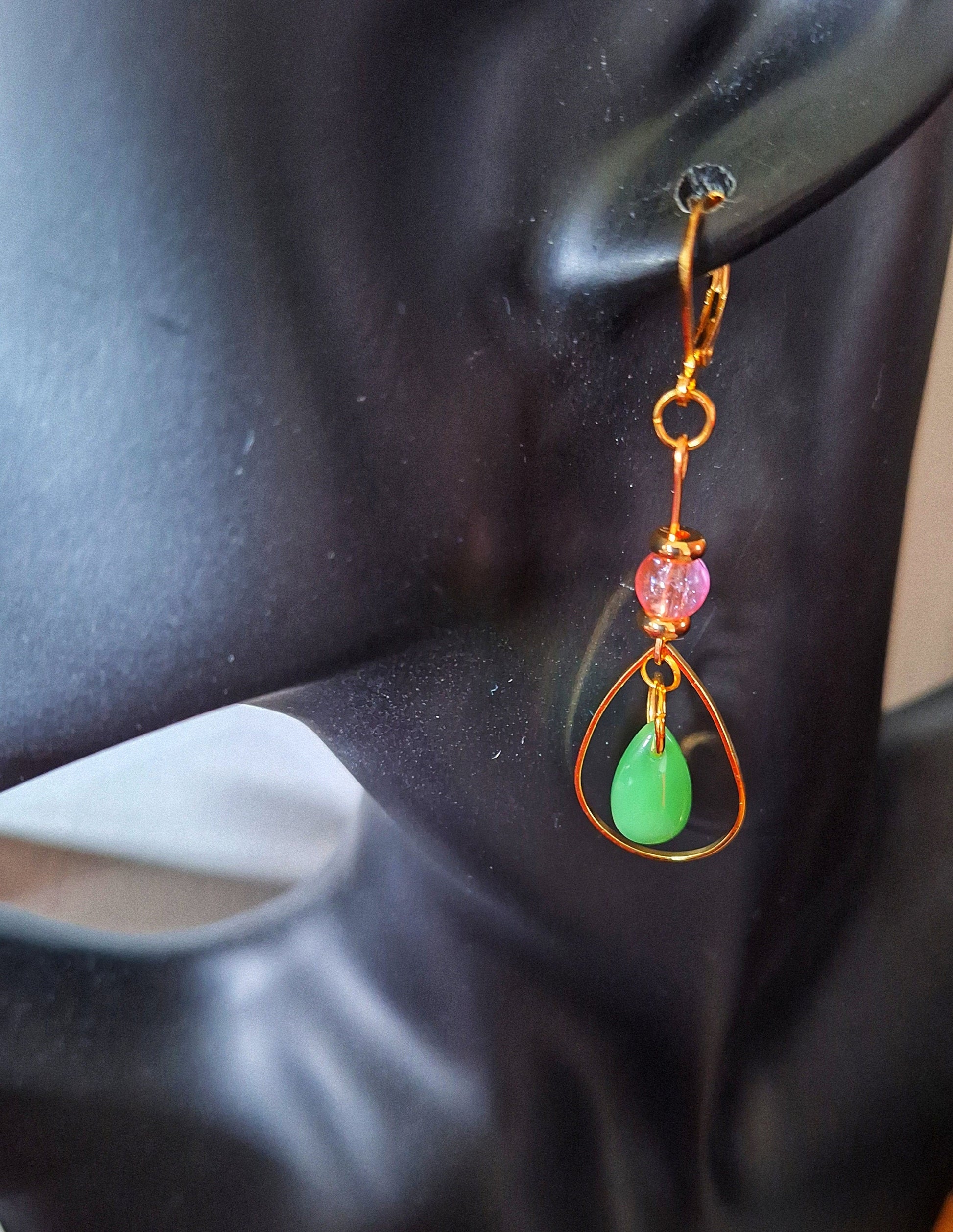 Peony Teardrop Earrings with green and pink glass beads, gold-plated ear wires.