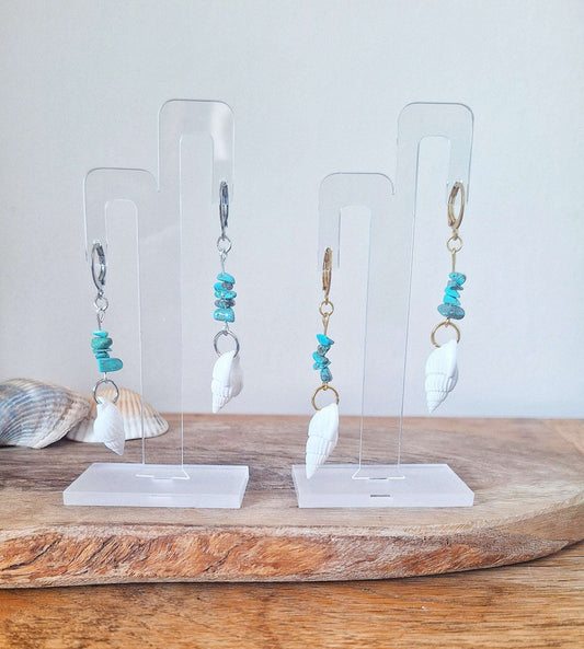 Turquoise and Conch Shell Earrings with stainless steel and gold-plated options, showcasing eco-friendly boho chic style.