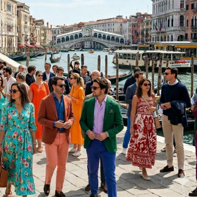 Stylish, brightly dressed people near the Rialto Bridge in Venice