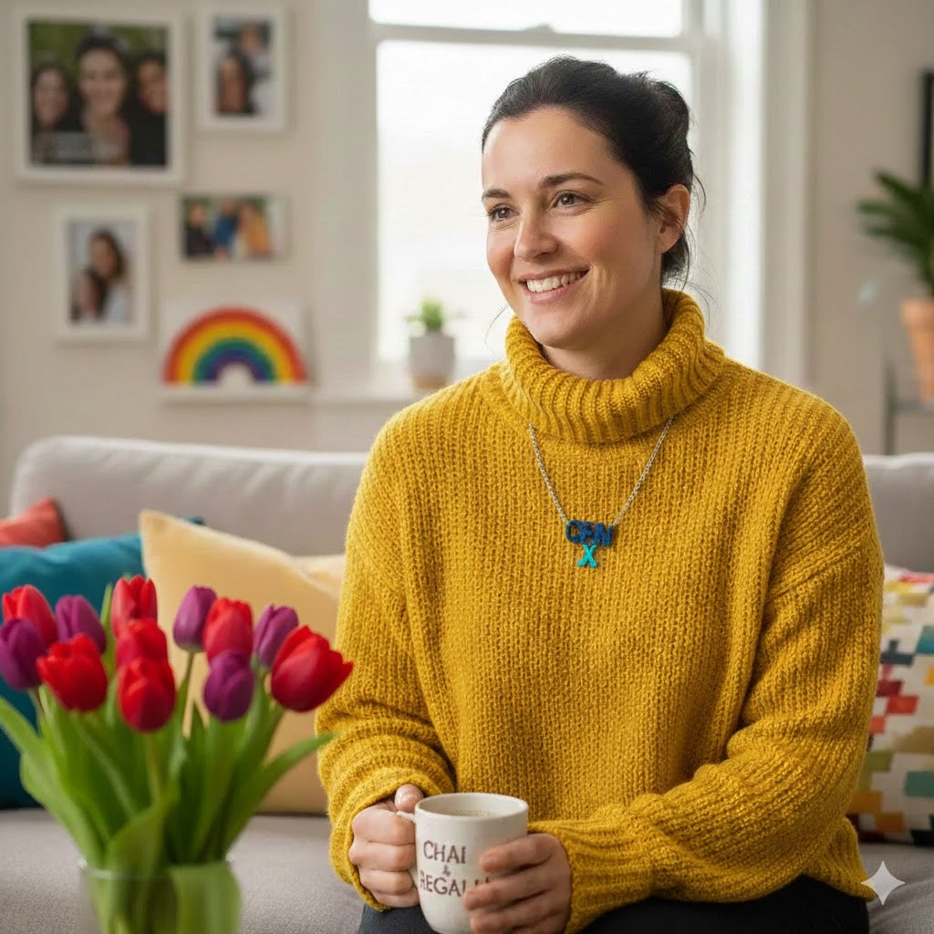 A woman wearing a yellow turtleneck with the Generation X necklace over it.