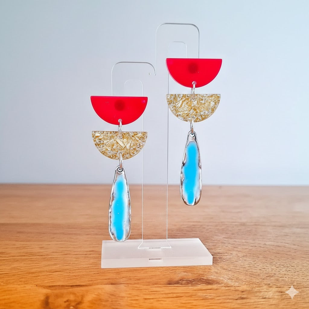 Red, gold and blue long drop earrings