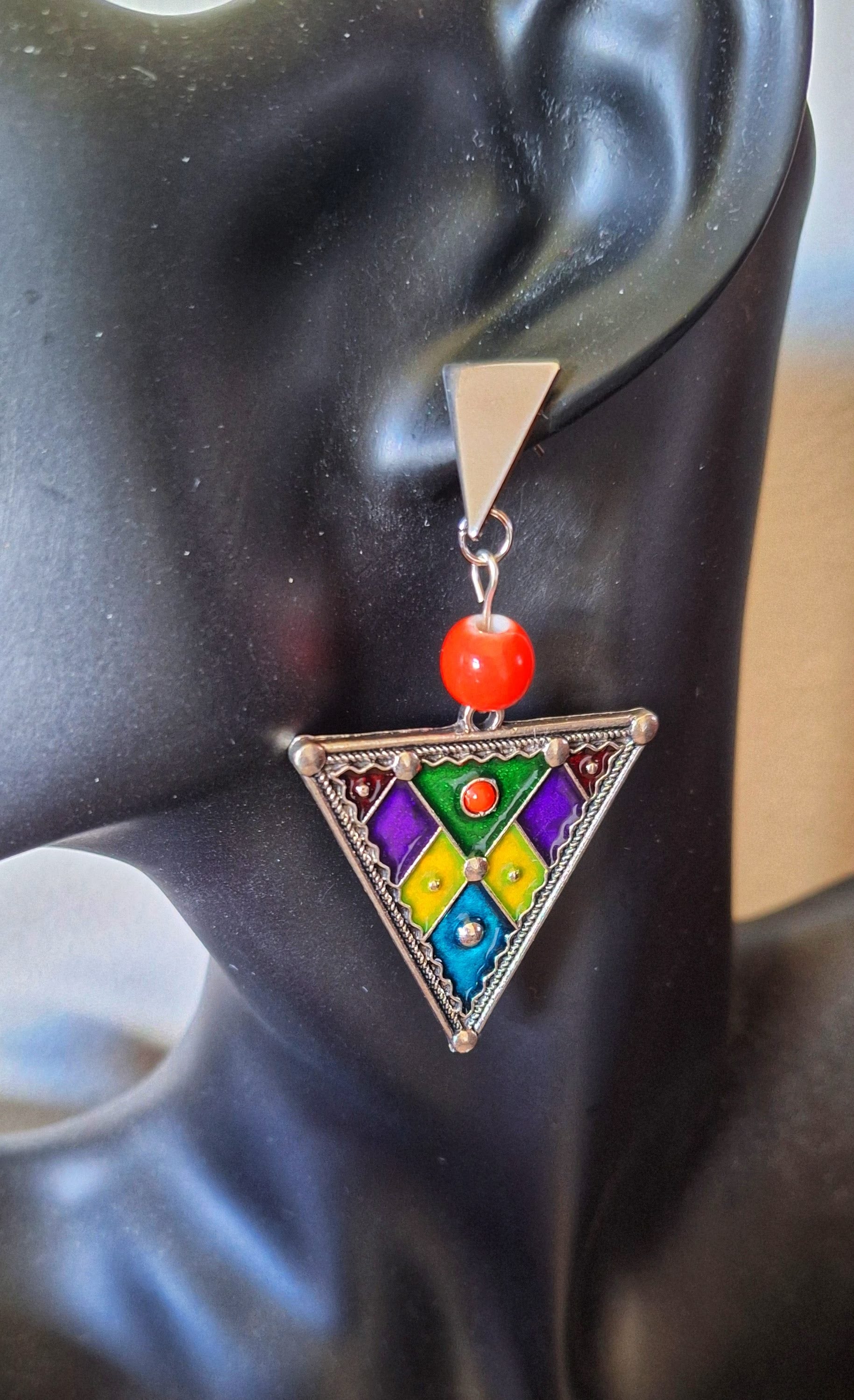 Tina Triangle Earrings with colorful ceramic beads and enamelled triangles.