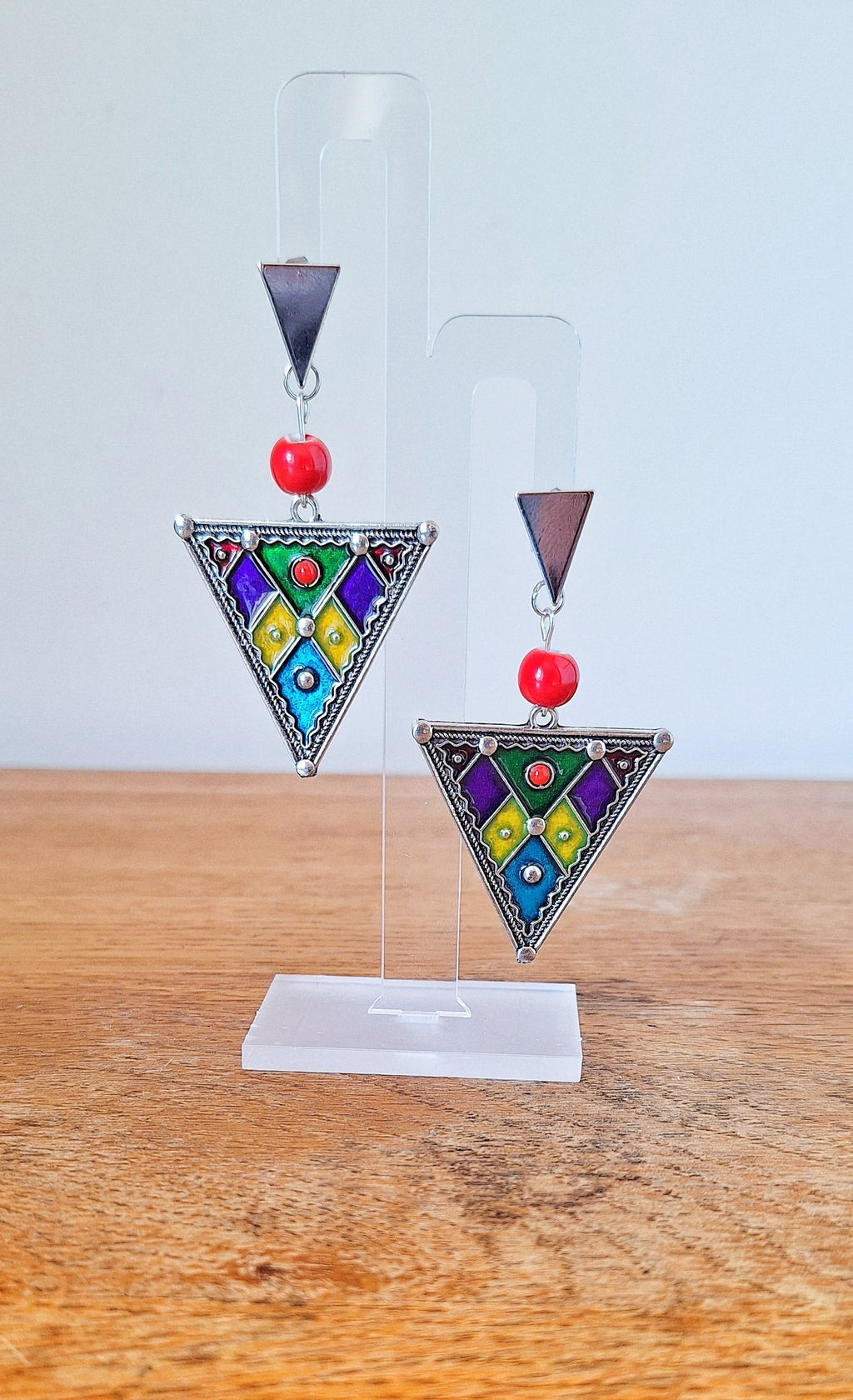 Tina Triangle Earrings with colorful ceramic beads and enamelled triangle pendants.