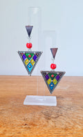Tina Triangle Earrings with colorful ceramic beads and enamelled triangle pendants.