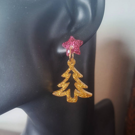 Priscilla Pink & Gold Christmas Tree Earrings