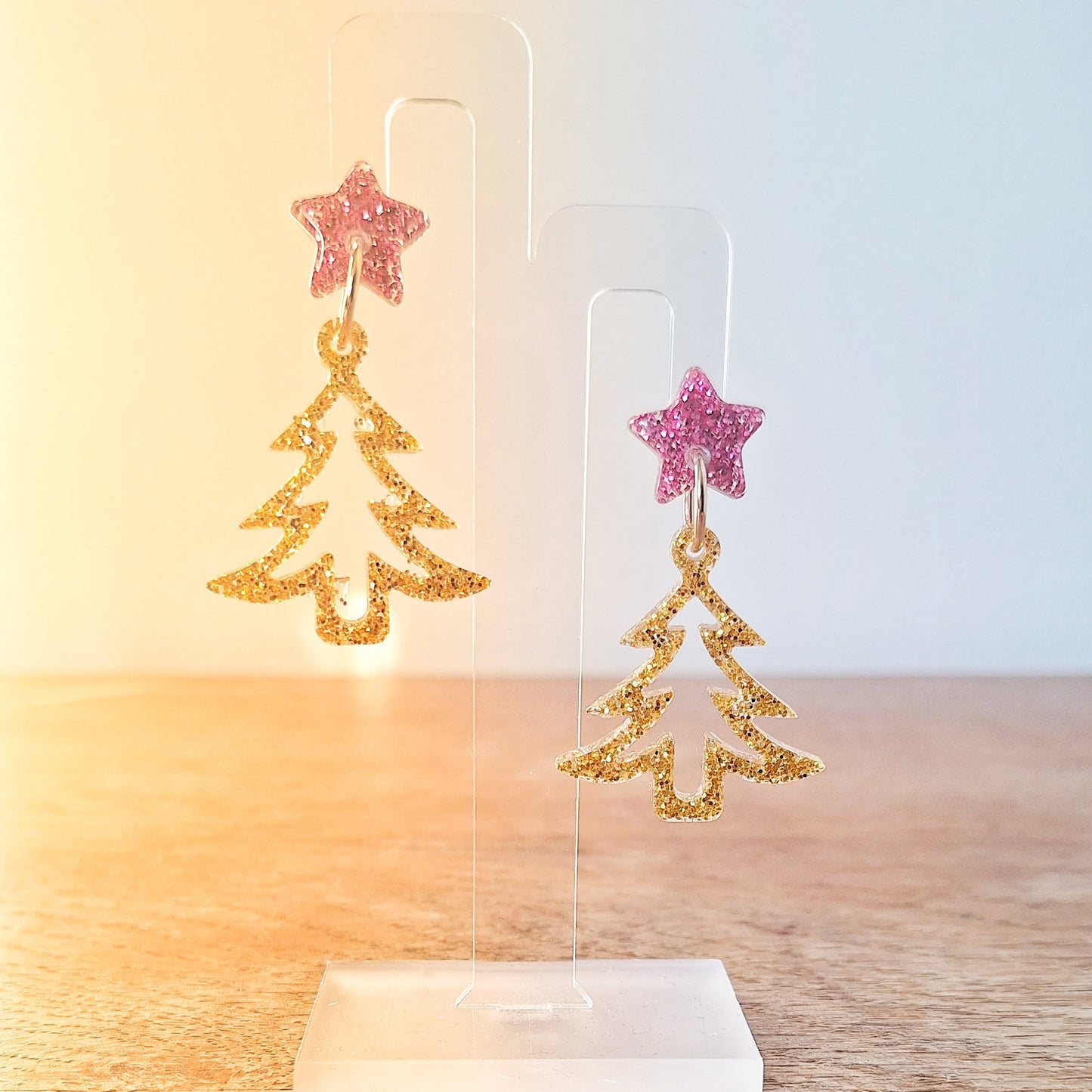 Priscilla Pink & Gold Christmas Tree Earrings