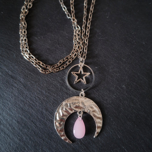 Necklace with a star and crescent moon pendant with pink glass teardrop bead. Made using repurposed pieces and suspended on a stainless steel chain. By RainbowRegalia, Greystones, Co Wicklow.