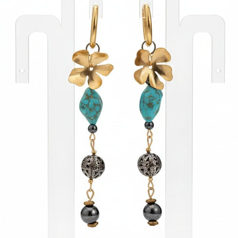 Pair of gold and turquoise long beaded earrings. Made with repurposed materials. Handmade by RainbowRegalia, Greystones, Co. Wicklow.