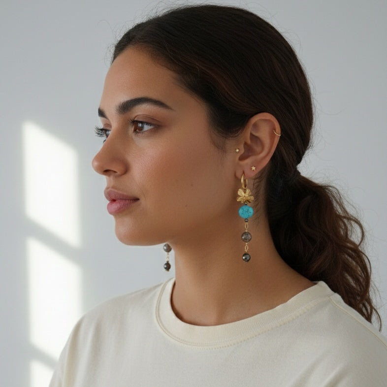 Pair of gold and turquoise long beaded earrings. Made with repurposed materials. Handmade by RainbowRegalia, Greystones, Co. Wicklow.