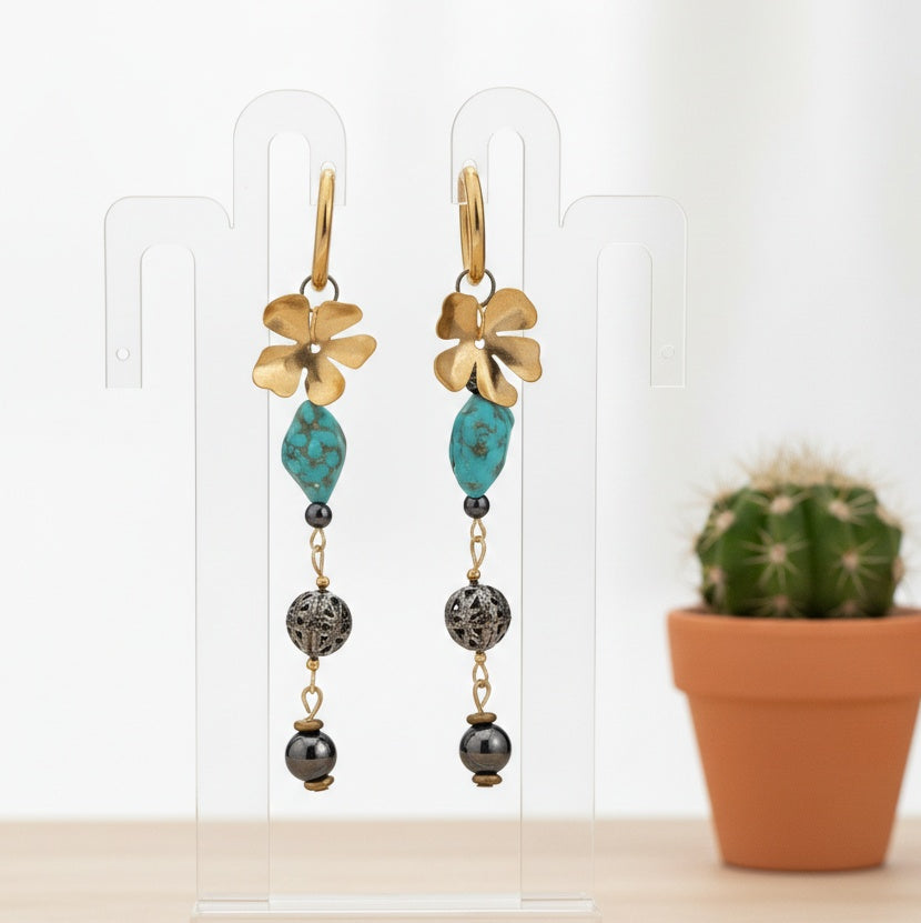 Pair of gold and turquoise long beaded earrings. Made with repurposed materials. Handmade by RainbowRegalia, Greystones, Co. Wicklow.