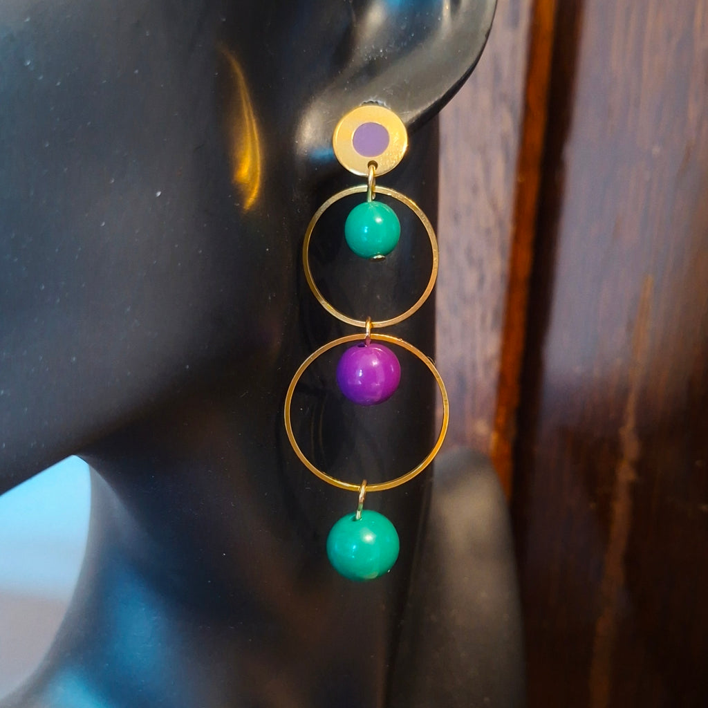 Earring with gold loops and colored beads. Handmade by RainbowRegalia, Greystones, Co. Wicklow.