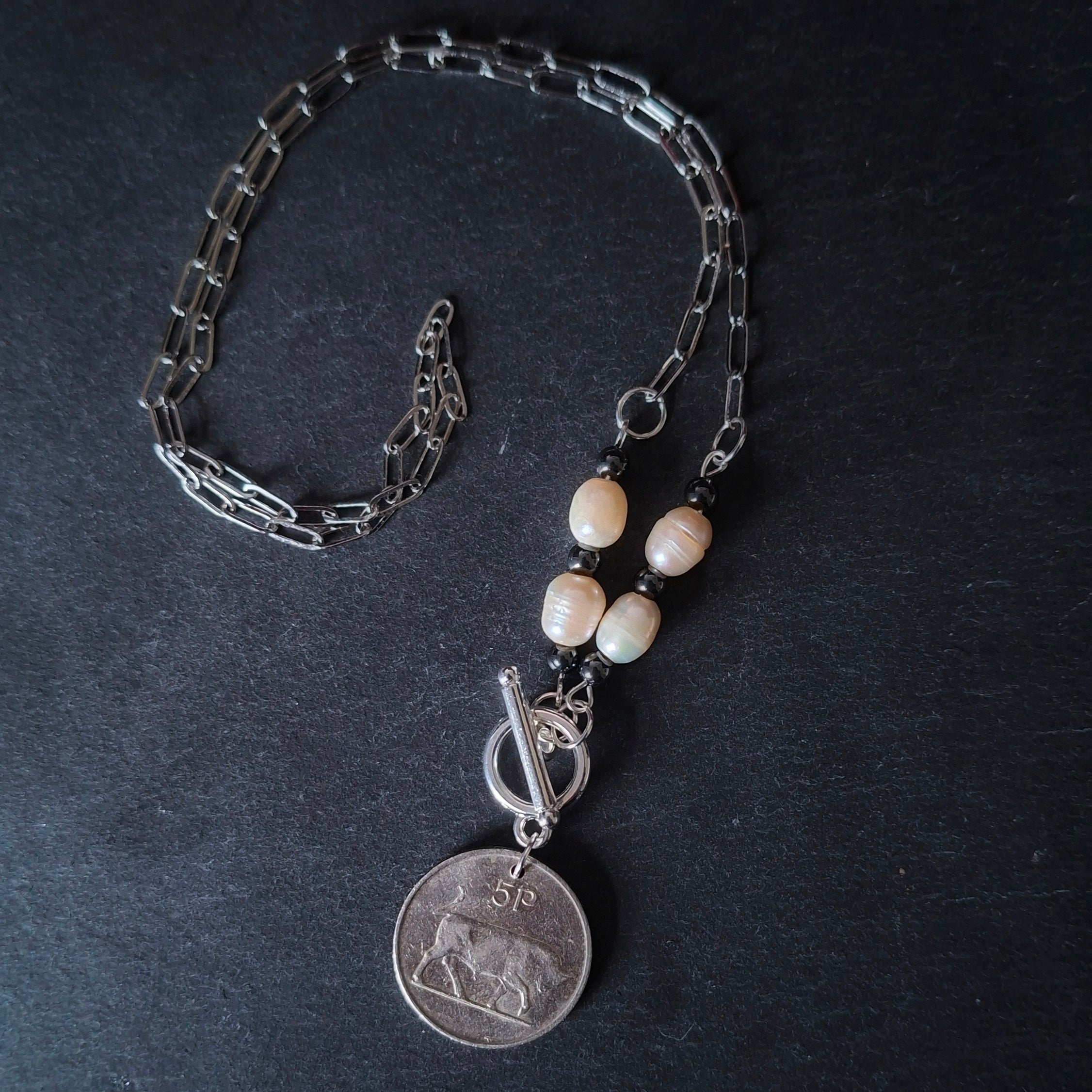 Handmade 1986 Irish 5p Coin Necklace. Repurposed freshwater pearls and hematite beads.