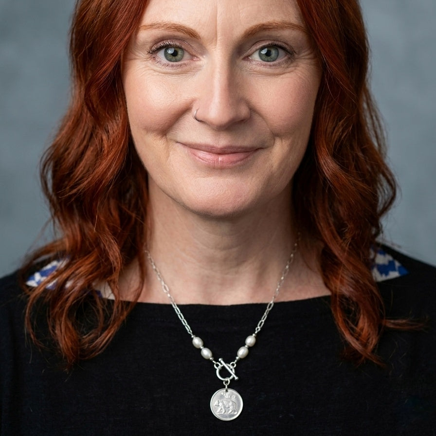 Handmade 1986 Irish 5p Coin Necklace. Repurposed freshwater pearls and hematite beads.