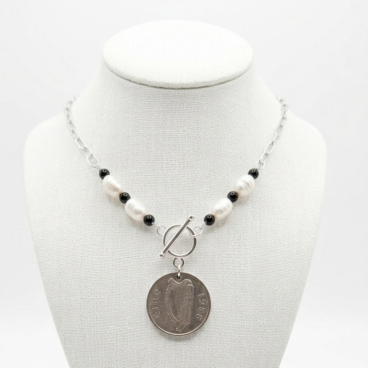 Handmade 1986 Irish 5p Coin Necklace. Repurposed freshwater pearls and hematite beads.