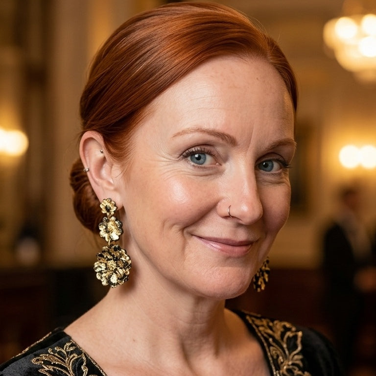 Long black and gold flower statement earrings.