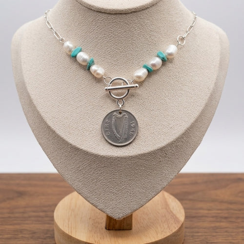 1946 Irish 6d Sixpence Necklace with pearls and turquoise.