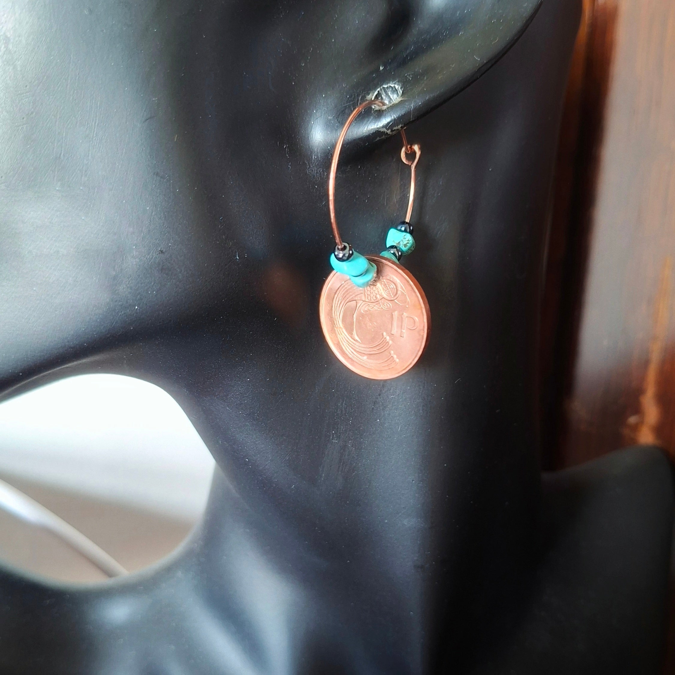 Rose gold hoops with Irish 1995 1p coins and turquoise chips.
