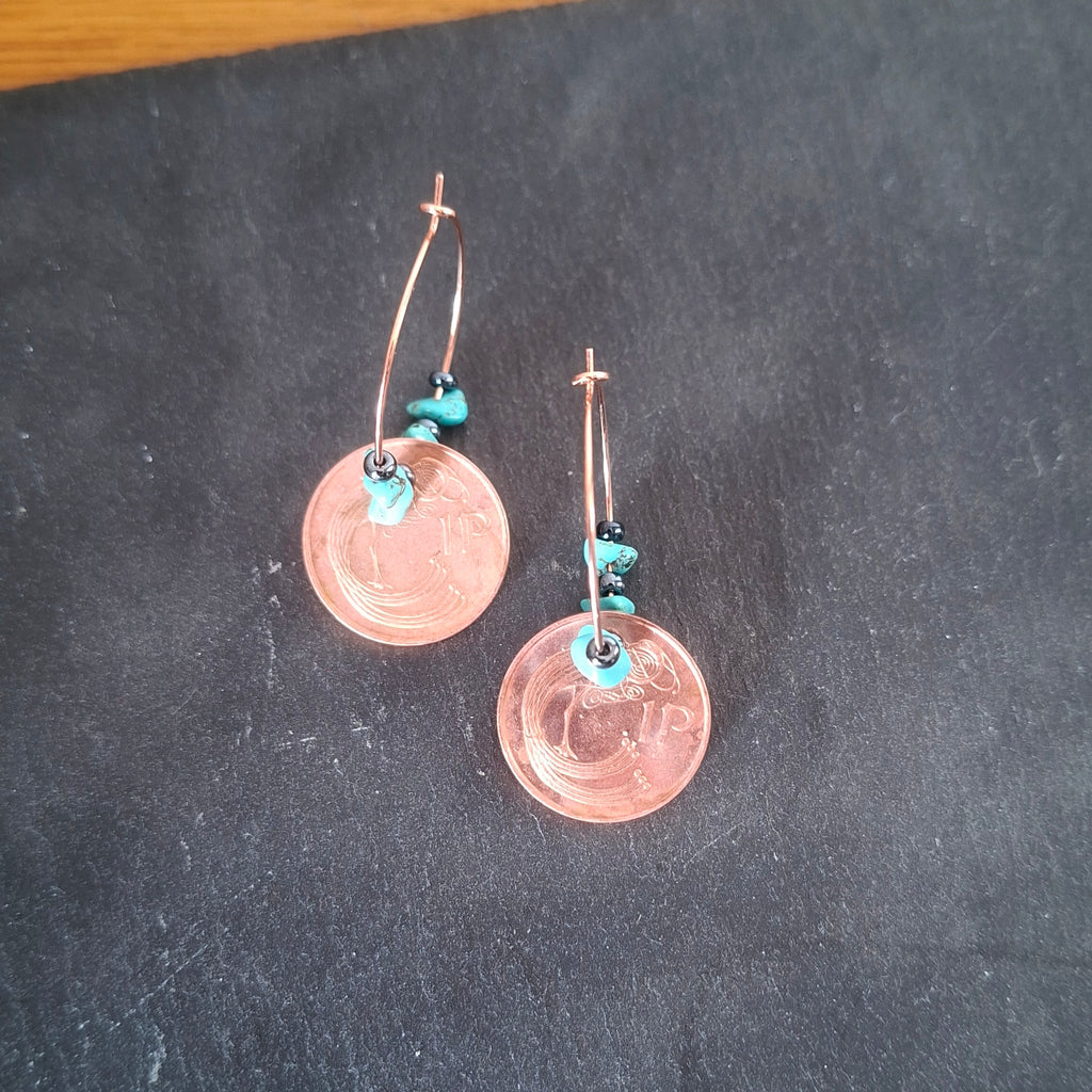 Rose gold hoops with Irish 1995 1p coins and turquoise chips.