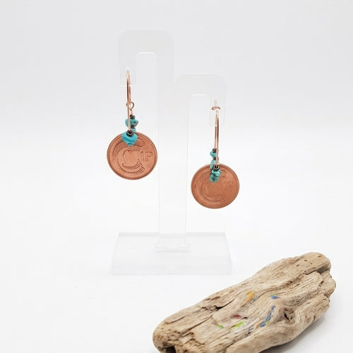 Rose gold hoops with Irish 1995 1p coins and turquoise chips.