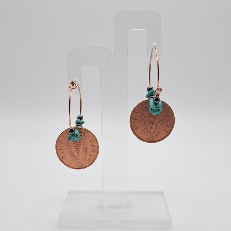 Rose gold hoops with Irish 1995 1p coins and turquoise chips.