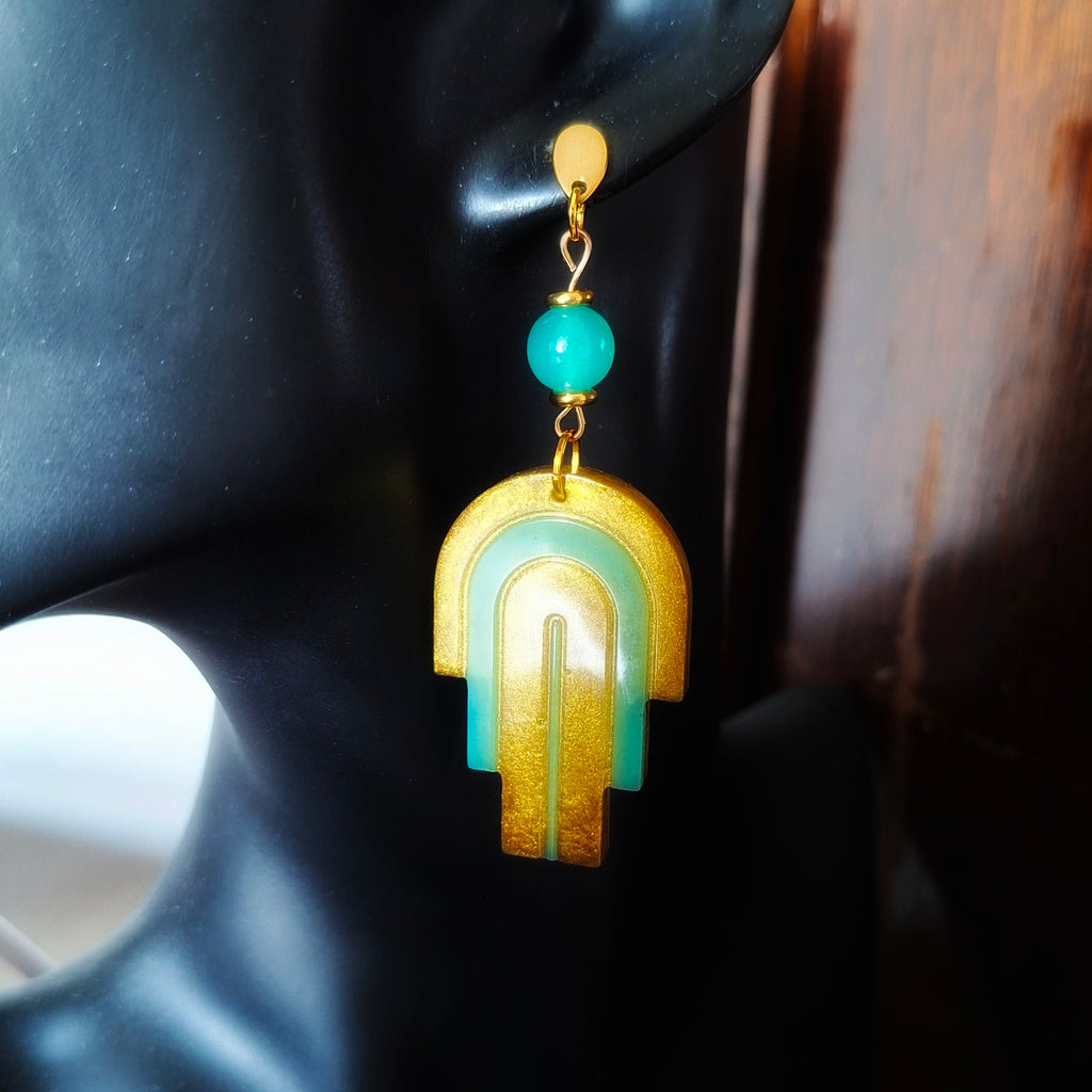 Arch deco inspired teal and gold earrings