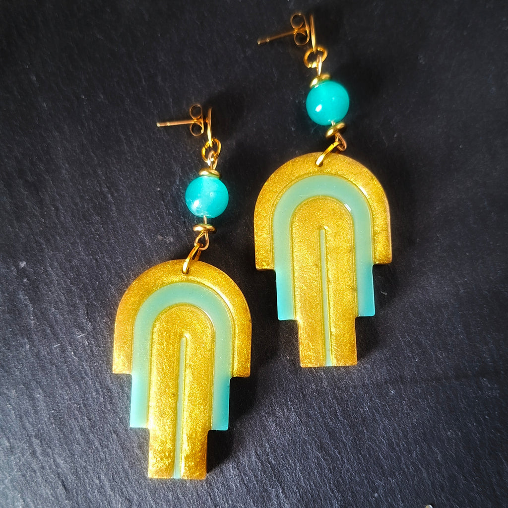 Arch deco inspired teal and gold earrings