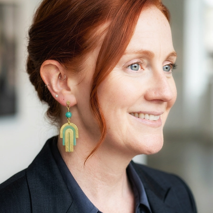 Arch deco inspired teal and gold earrings