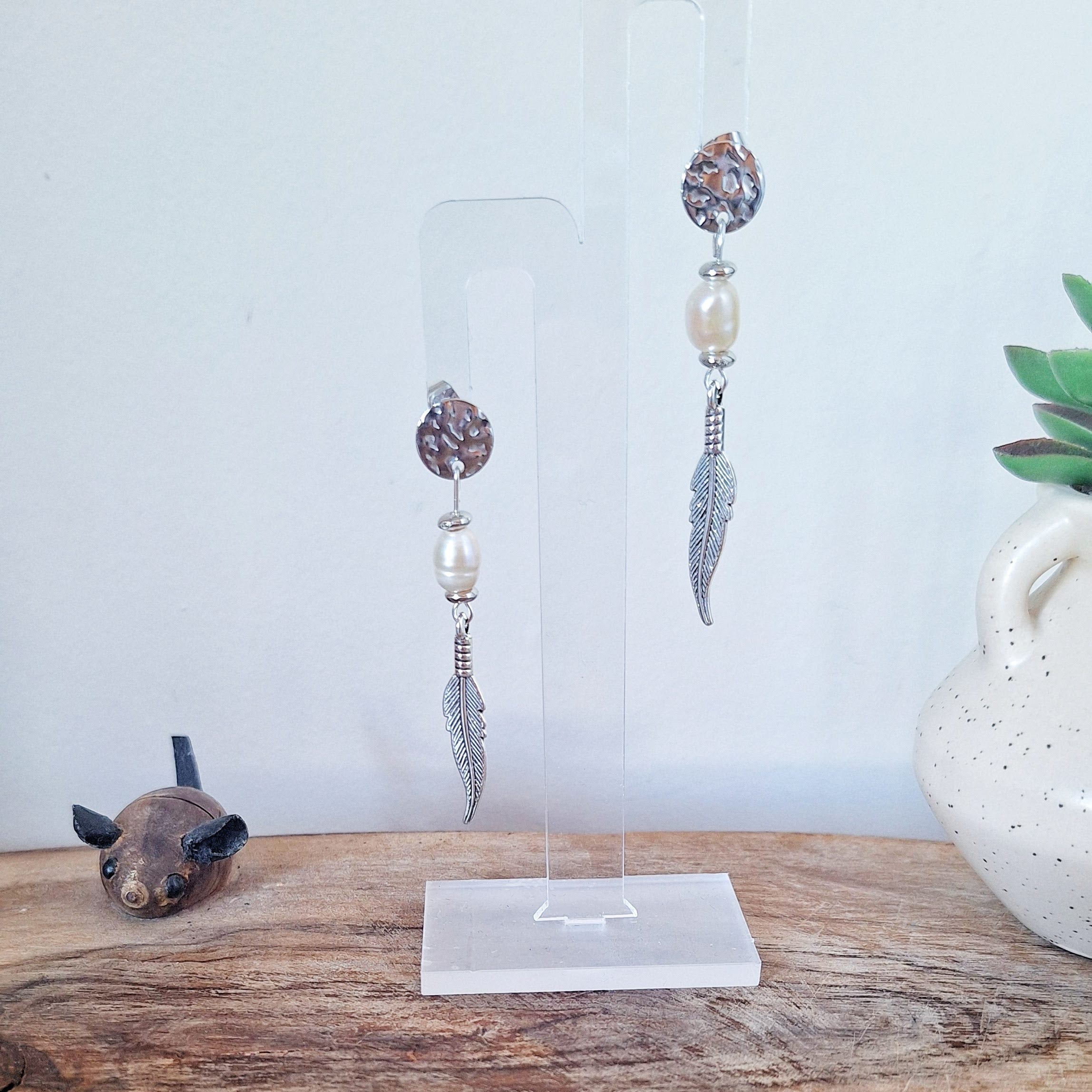 Fallon Feather and Pearl Boho Earrings