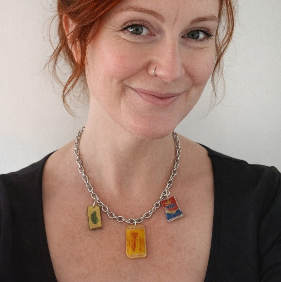 Today’s Bread, Tomorrow’s Hangover Necklace. Featuring Brennan’s, Tayto, and Kerrygold charms on a 43cm silver-toned chain.