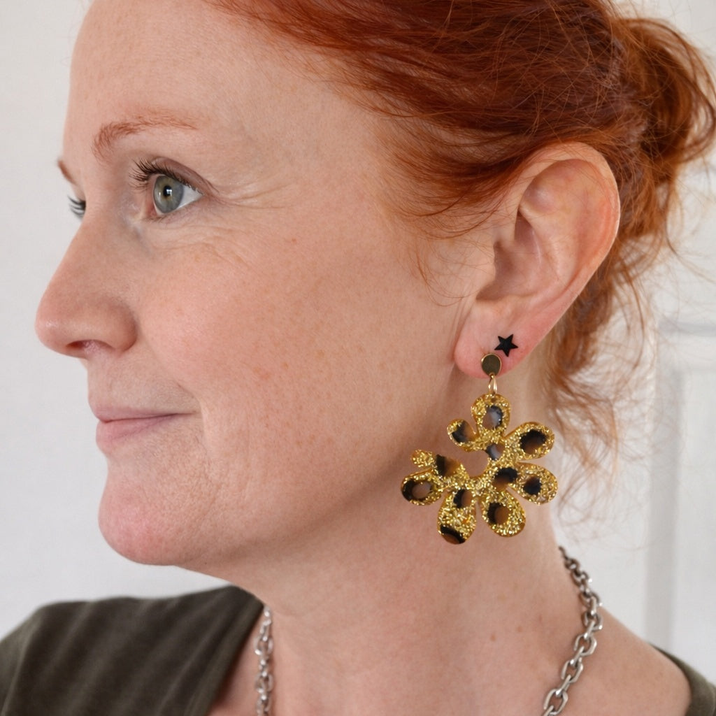 Glittering Groovy Leopard Print Flower Earrings