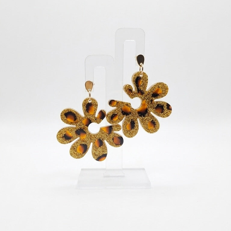 Glittering Groovy Leopard Print Flower Earrings
