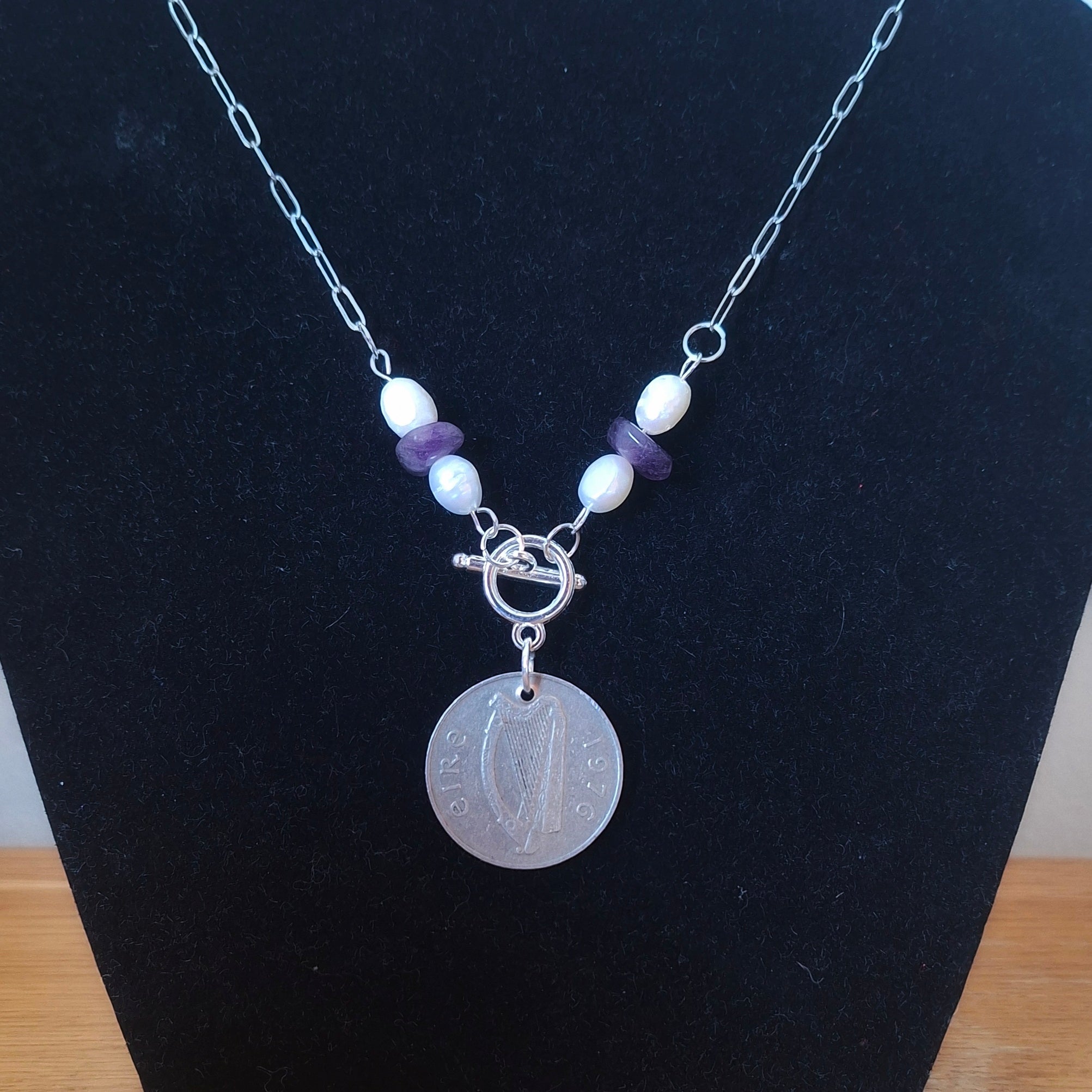 Amethyst and pearl 1976 Irish 10p necklace